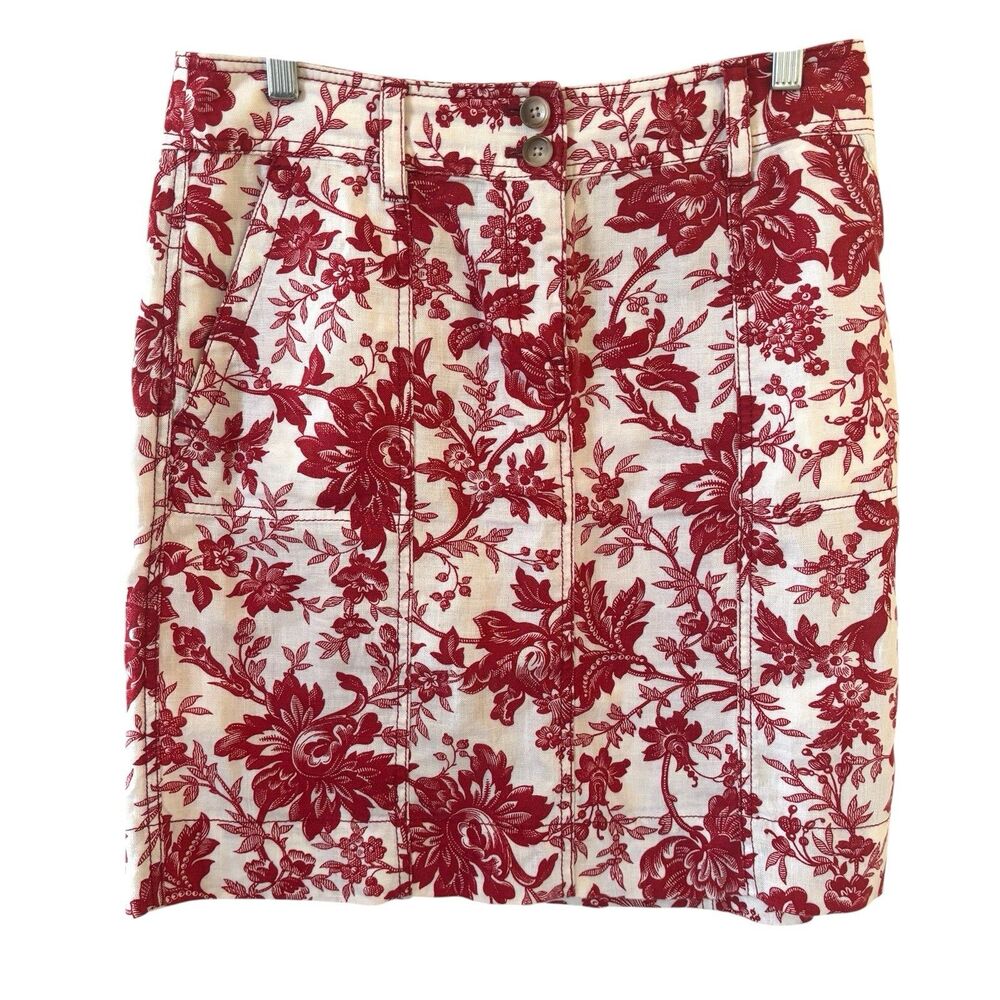 Ann Taylor Womens Skirt Size 6 Red Floral Print Linen Preppy 90s‎ Cottagecore